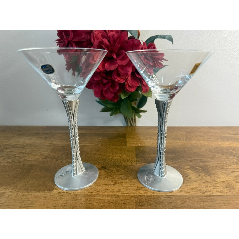 Vintage Seagull Pewter Canada 2000 Martini Glasses Bohemia Crystal Set Retro